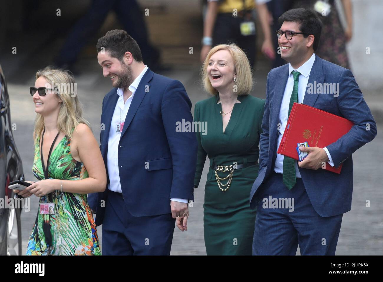 British Foreign Secretary and Conservative leadership candidate Liz Truss walks with members of her team near the houses of Parliament, in London, Britain, July 20, 2022. REUTERS/Toby Melville Stock Photo