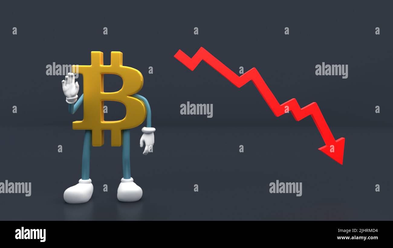 many BitCoin stack and red arrows down . Bitcoin value rising down BTC price  fall drop Concept . The bitcoin character waves goodbye . 3D rendering  Stock Photo - Alamy