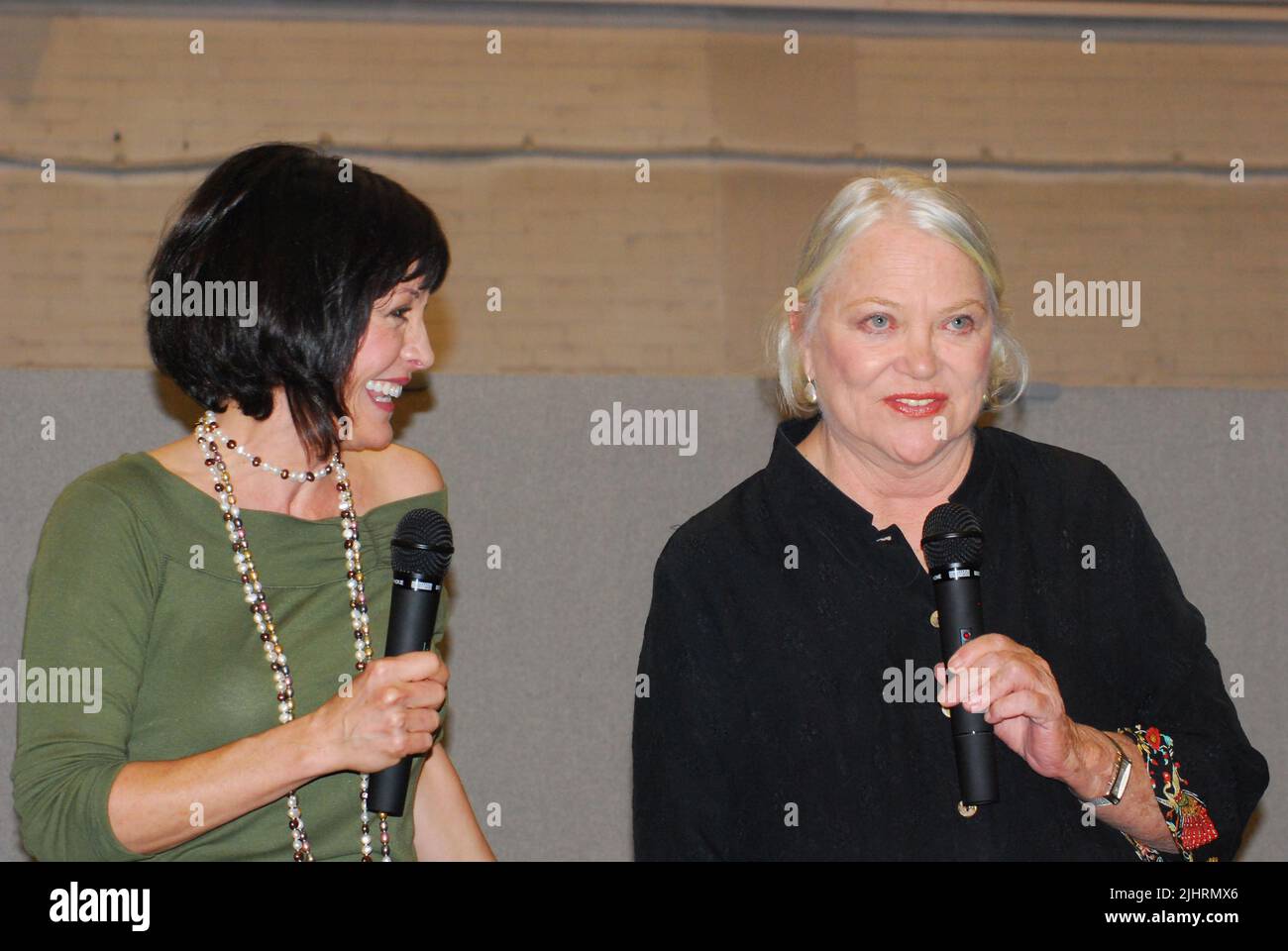 American TV, film & theatre actresses Nana Visitor & Louise Fletcher on stage at a London science fiction convention Known for Star Trek Deep Space 9. Stock Photo