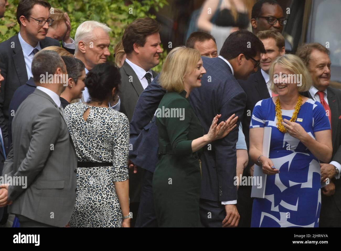 British Foreign Secretary and Conservative leadership candidate Liz Truss greets supporters and members of her team near the houses of Parliament, in London, Britain, July 20, 2022. REUTERS/Toby Melville Stock Photo