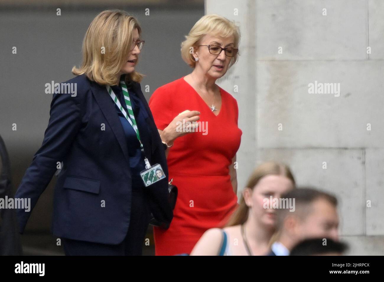 British Minister of State at the Department for International Trade Penny Mordaunt walks with Andrea Leadsom near the houses of Parliament, in London, Britain, July 20, 2022. REUTERS/Toby Melville Stock Photo
