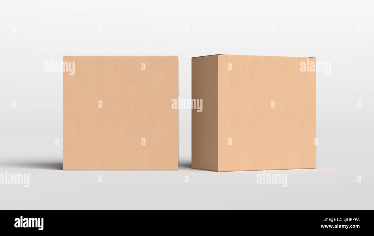 Two cardboard boxes mock up. Square gift boxes on white background. Front view Stock Photo