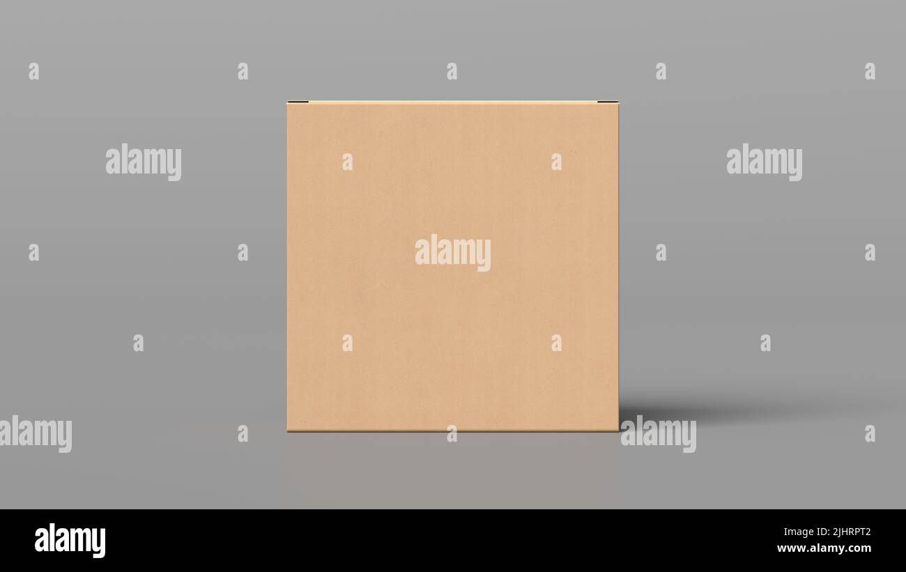 Cardboard box mock up. Square gift box on gray background. Front view. 3d illustration Stock Photo