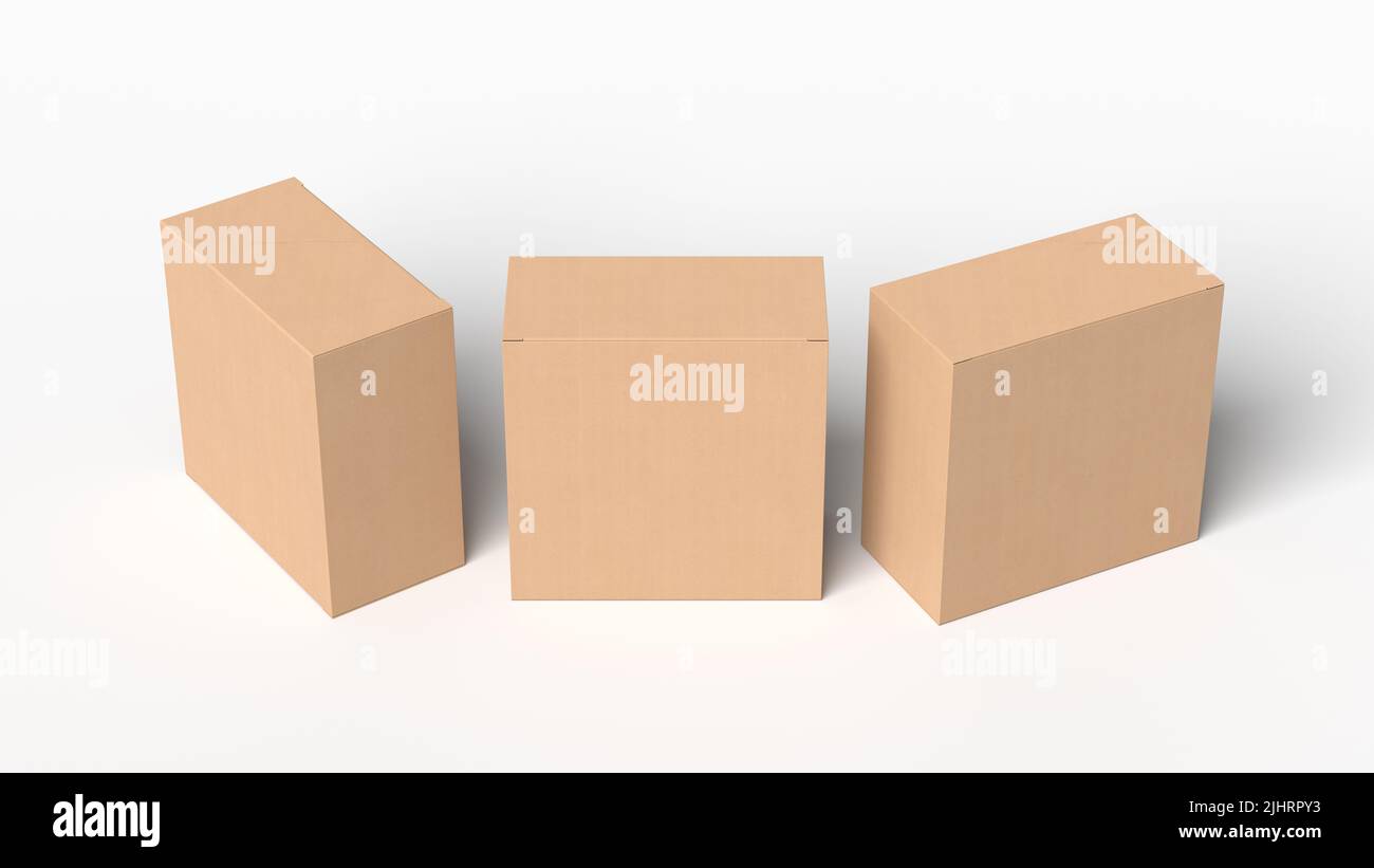 Three square boxes mock up. Cardboard gift boxes on white background. View above. 3d illustration Stock Photo