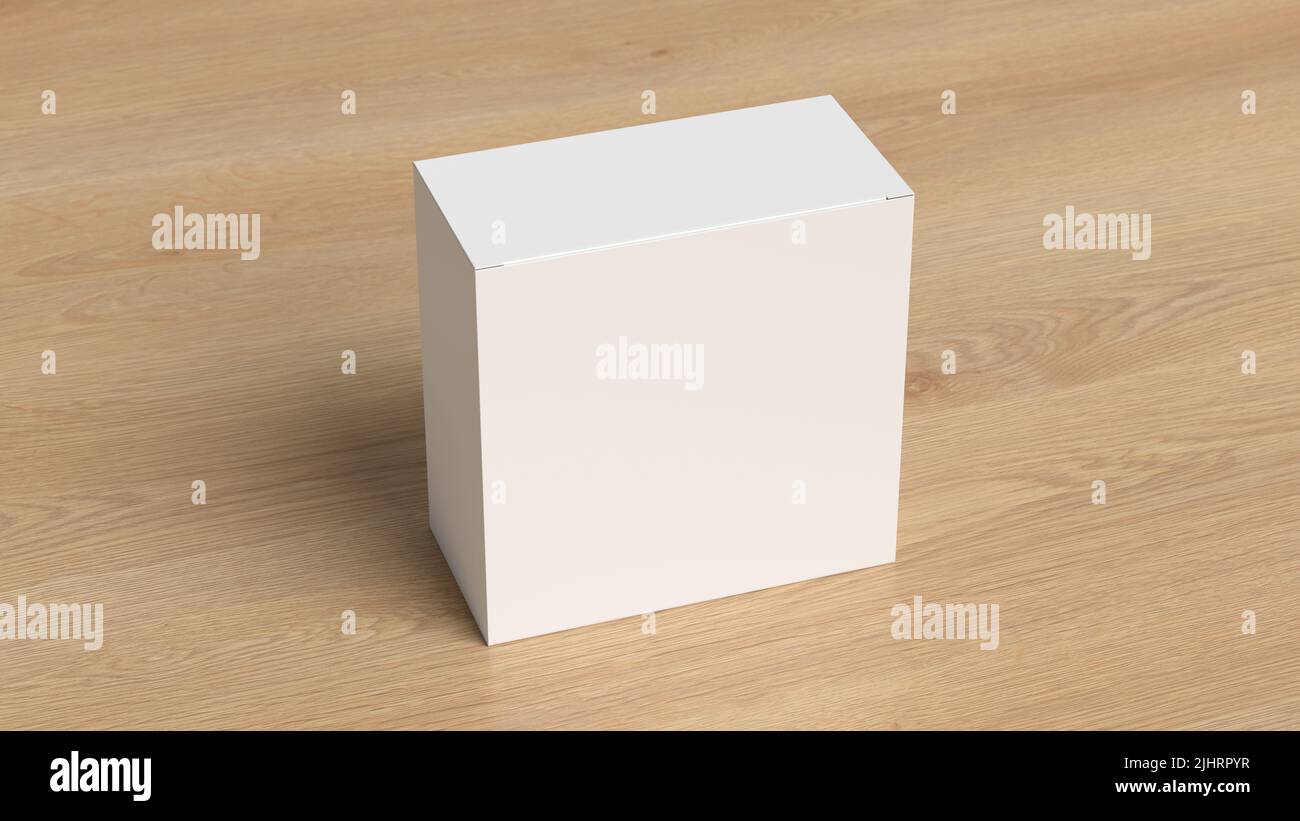Square box mock up. White gift box on wooden background. Side view. 3d illustration Stock Photo