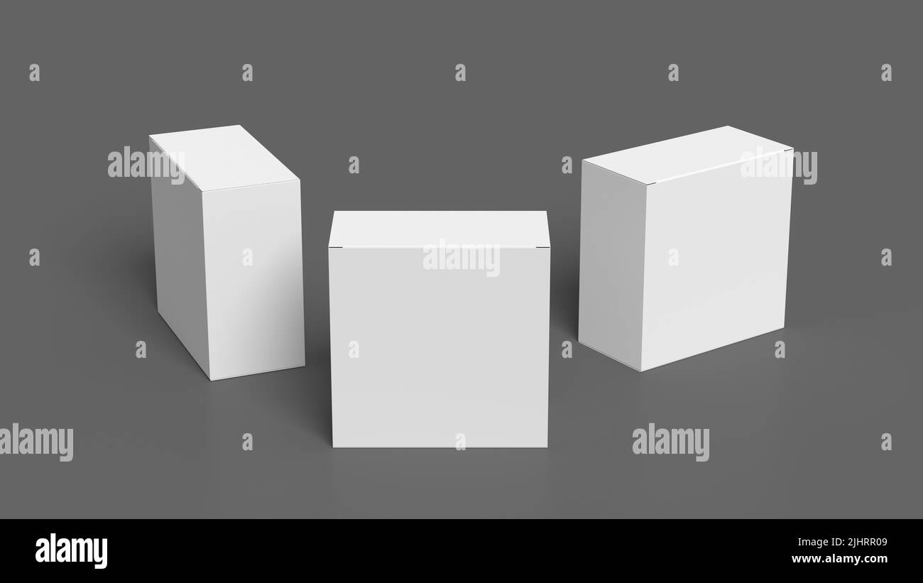 Three square boxes mock up. White gift boxes on gray background. Front view. 3d illustration Stock Photo