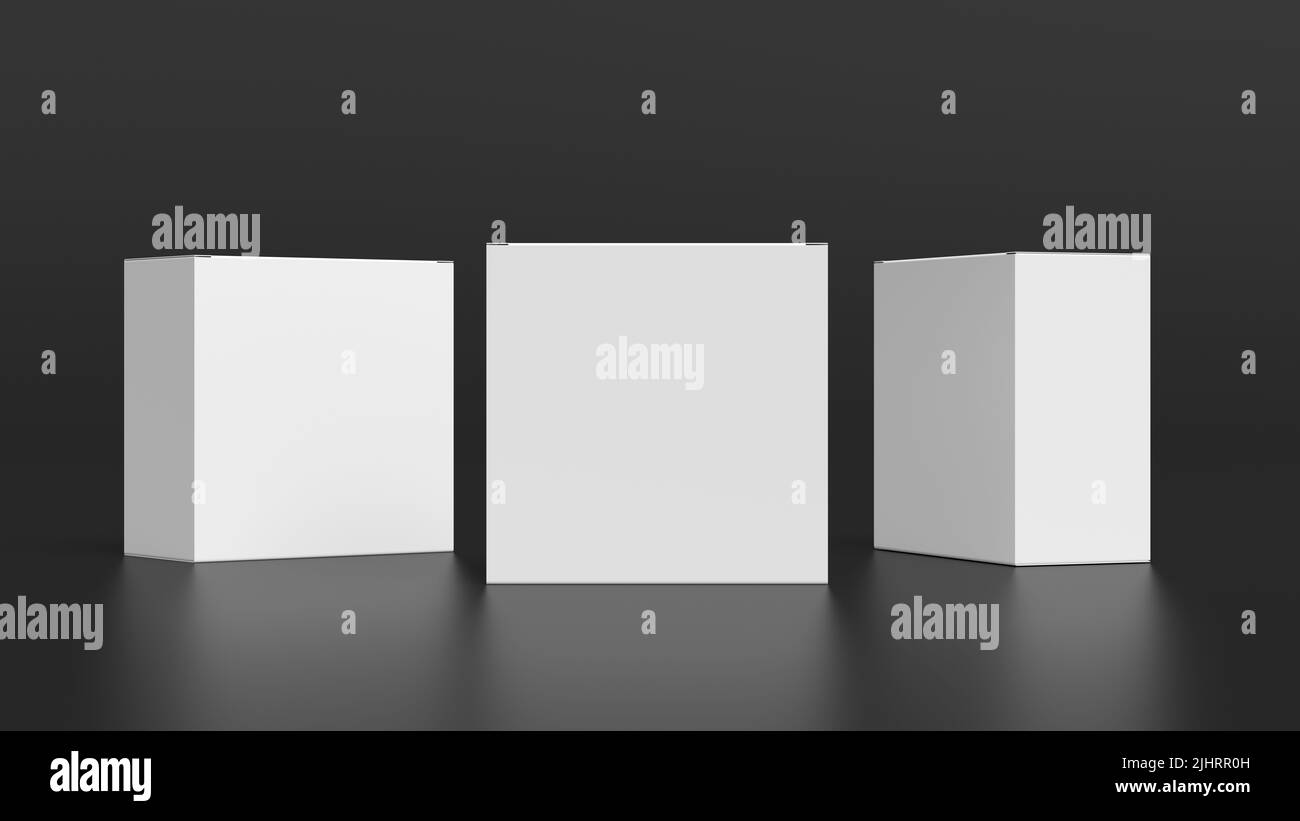 Three square boxes mock up. White gift boxes on black background. Front view. 3d illustration Stock Photo