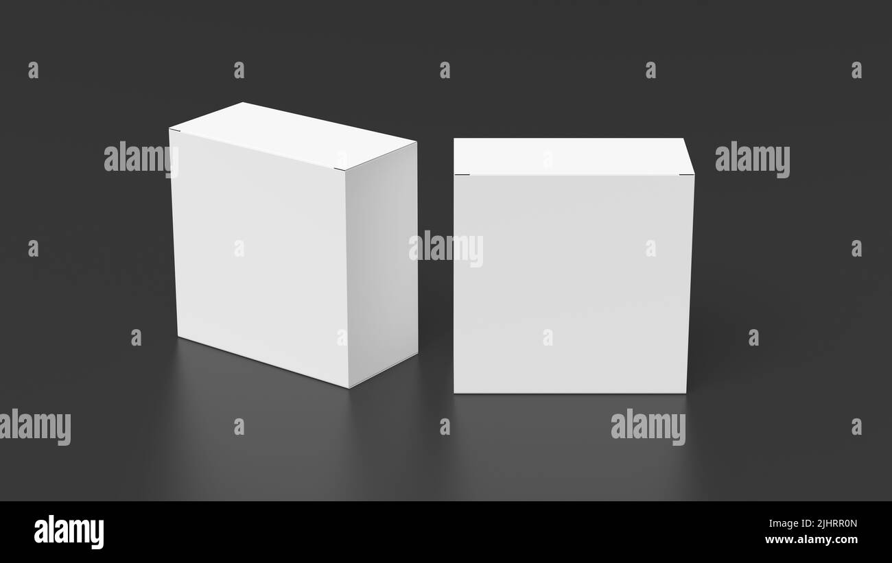 Two square boxes mock up. White gift boxes on black background. View above. 3d render Stock Photo