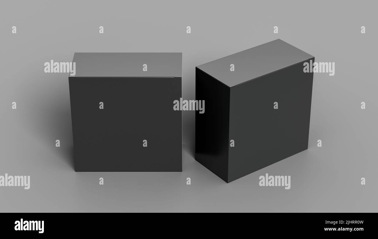 Two square boxes mock up. Black gift boxes on gray background. Front