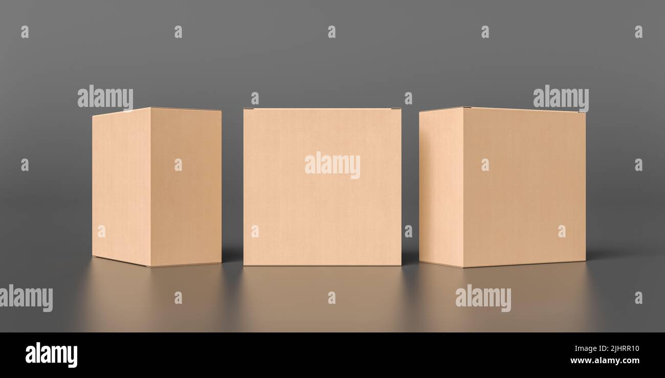 Three square boxes mock up. Cardboard gift boxes on black background. Front view. 3d illustration Stock Photo