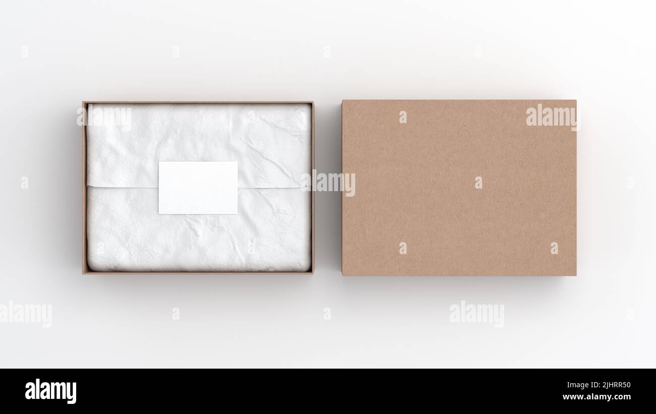 Gift box mock up with cover. Cardboard gift box with blank label or business card on wrapping paper. White background. View directly above. 3d illustr Stock Photo