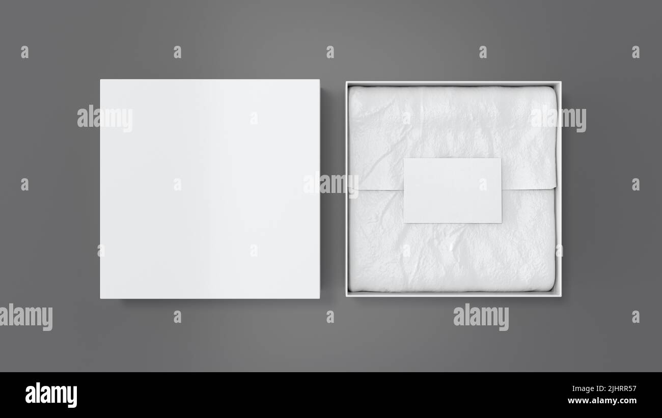 Square gift box mock up. White gift box with blank label or business card on wrapping paper. Gray background. View directly above. 3d illustration Stock Photo