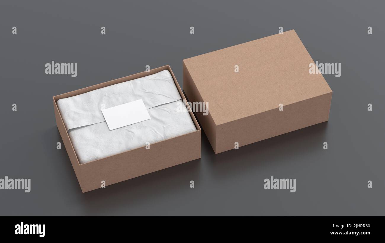 Gift box mock up with cover. Cardboard gift box with blank label or business card on wrapping paper. Black background. Side view. 3d illustration Stock Photo