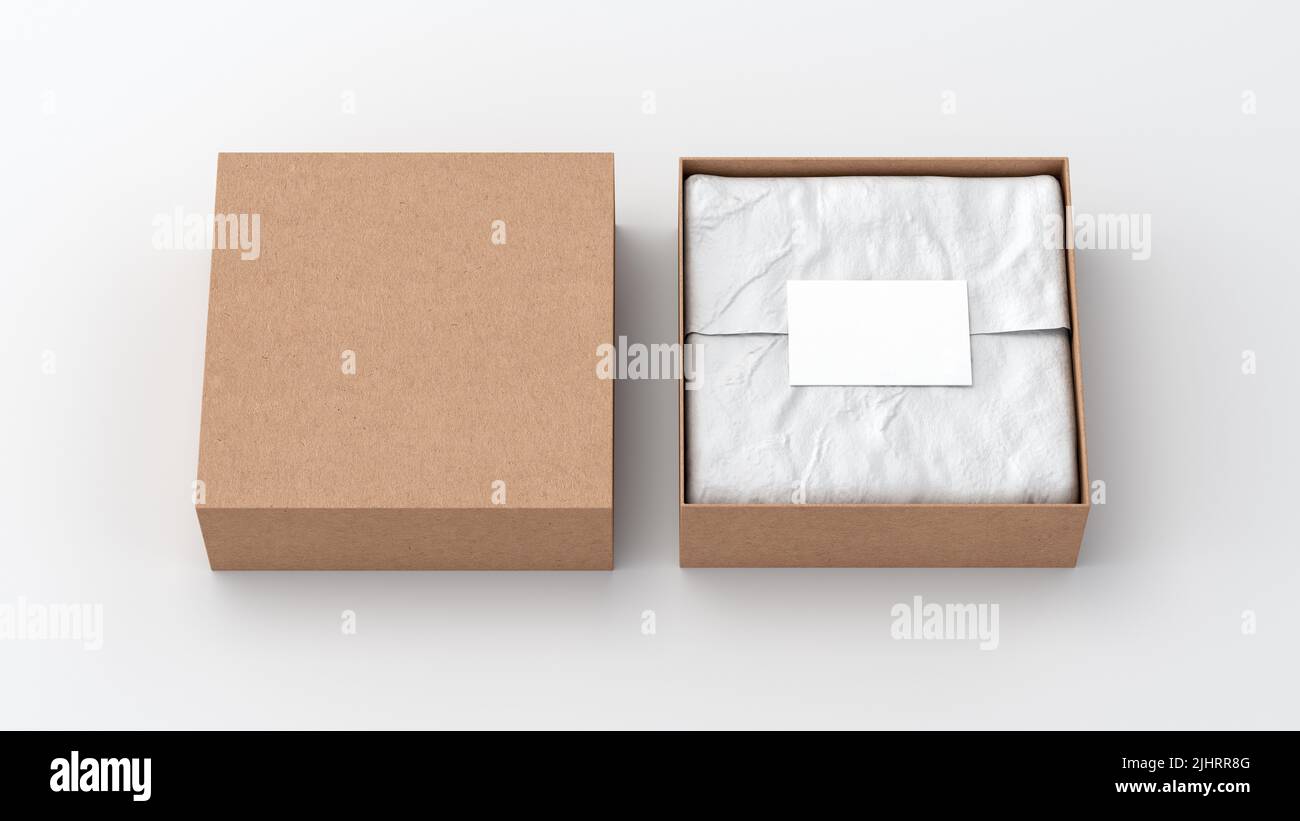 Square gift box mock up. Cardboard gift box with blank label or business card on wrapping paper. White background. Front view. 3d illustration Stock Photo