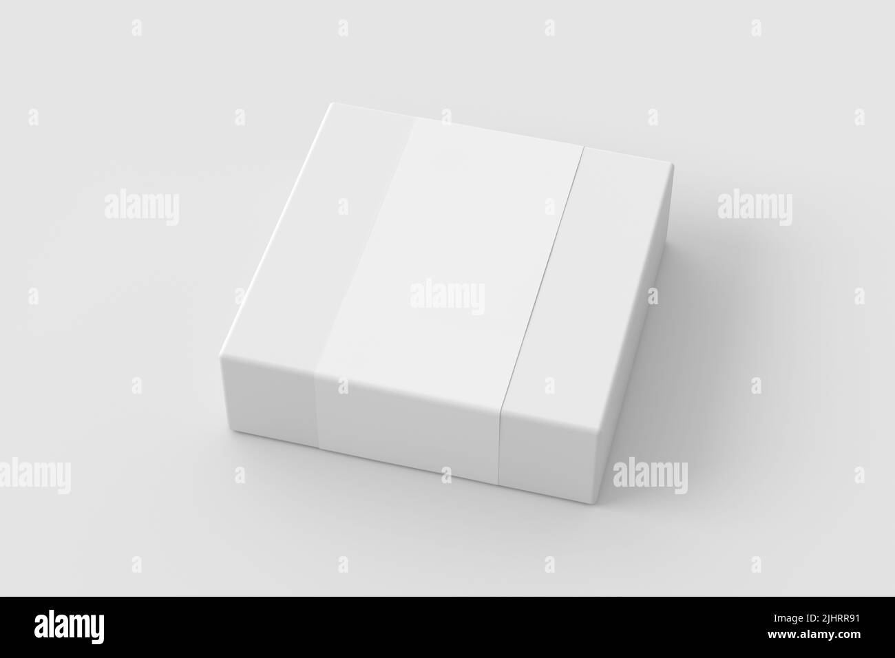 Square box mock up with blank paper cover label: White gift box on white background. Side view. 3d illustration Stock Photo