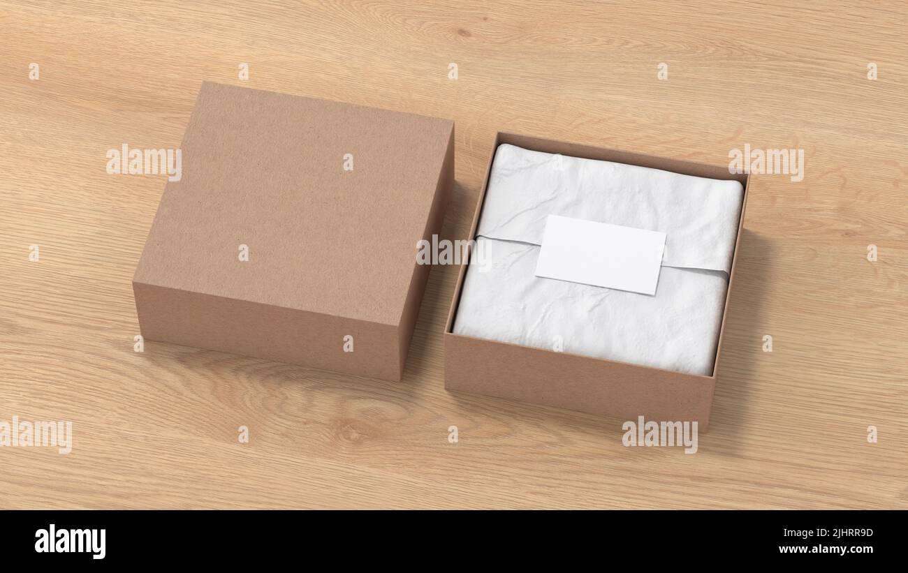 Square gift box mock up. Cardboard gift box with blank label or business card on wrapping paper. Wooden background. Side view. 3d illustration Stock Photo