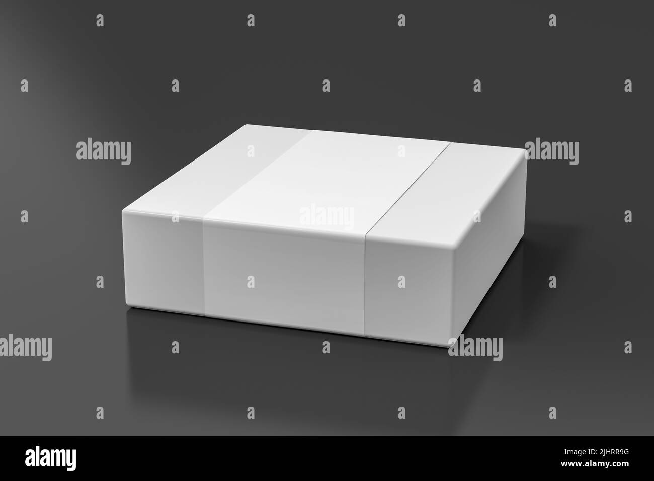 Square box mock up with blank paper cover label: White gift box on black background. Side view. 3d illustration Stock Photo