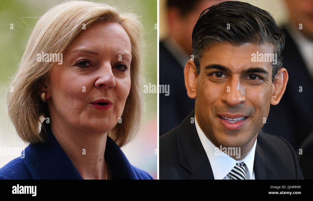 Undated file photos of Liz Truss and Rishi Sunak who have made it through to the final two in the Tory leadership race, with Penny Mordaunt eliminated from the contest after the final round of voting by MPs. Issue date: Wednesday July 20, 2022. Stock Photo