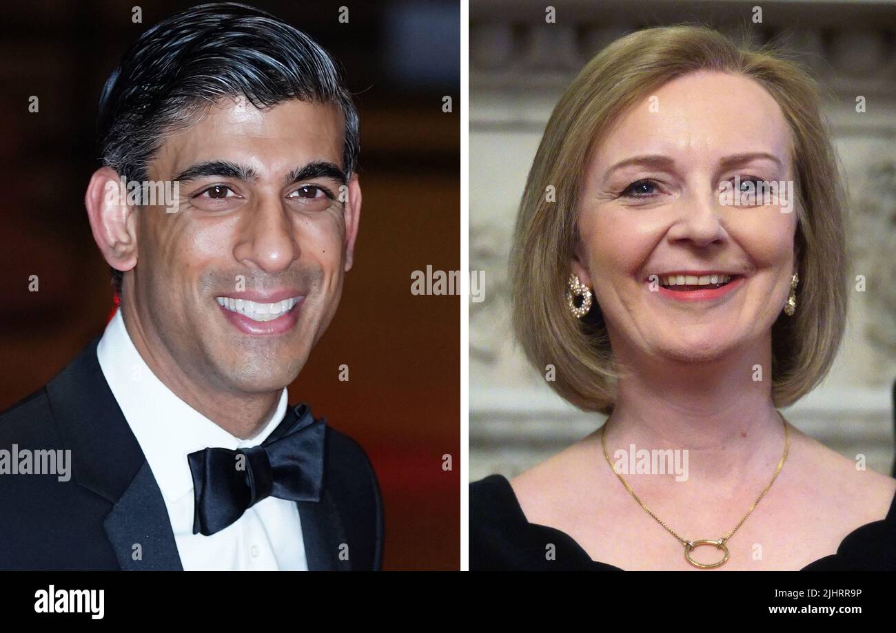 Undated file photos of Rishi Sunak and Liz Truss who have made it through to the final two in the Tory leadership race, with Penny Mordaunt eliminated from the contest after the final round of voting by MPs. Issue date: Wednesday July 20, 2022. Stock Photo