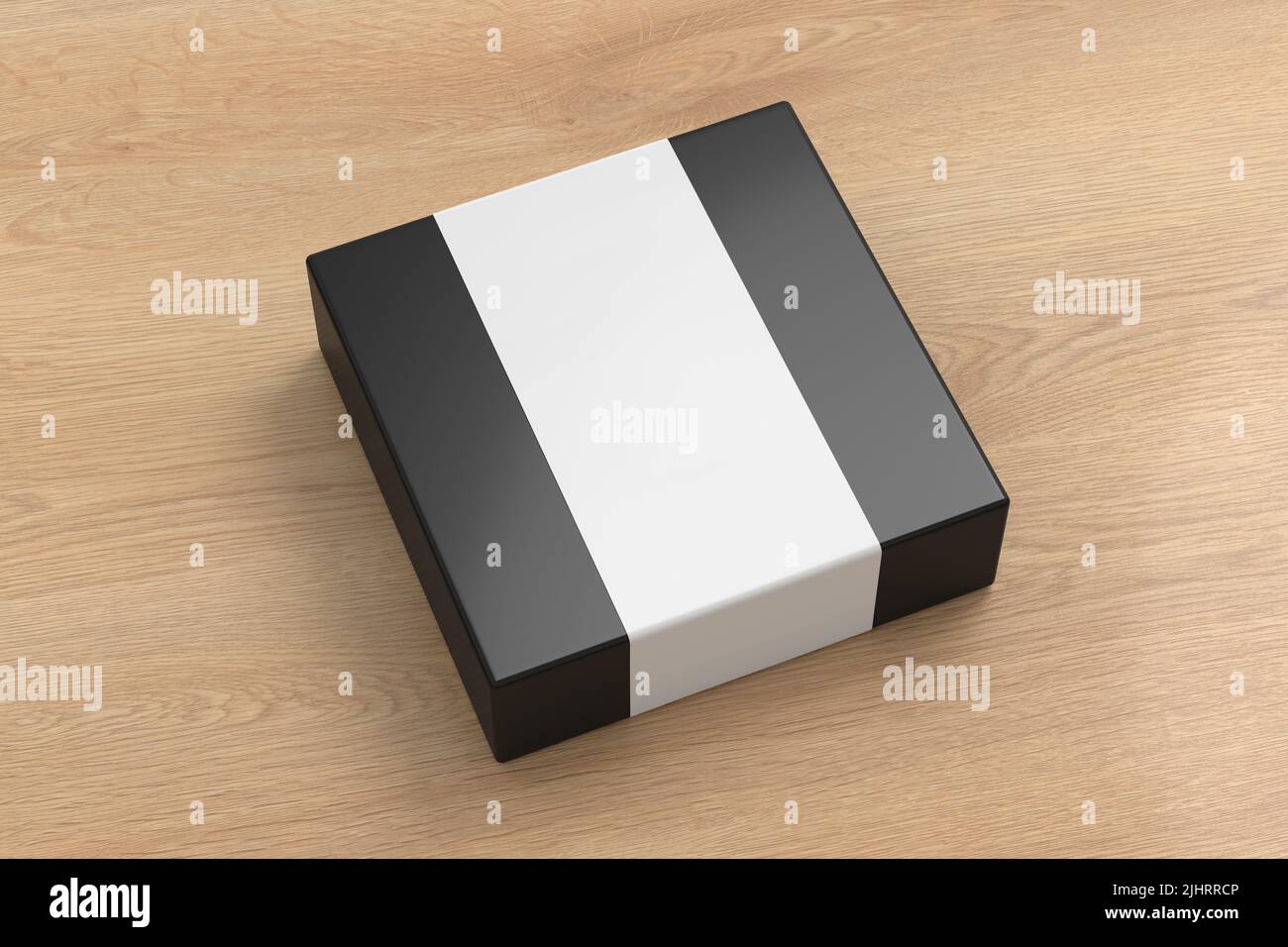 Square box mock up with blank paper cover label: Black gift box on wooden background. Side view. 3d illustration Stock Photo