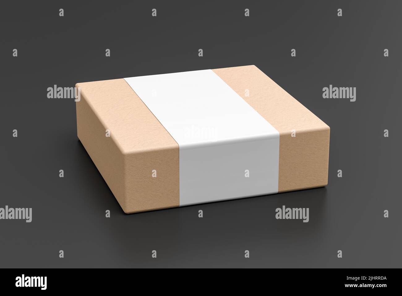 Square box mock up with blank paper cover label: Cardboard gift box on black background. Side view. 3d illustration Stock Photo
