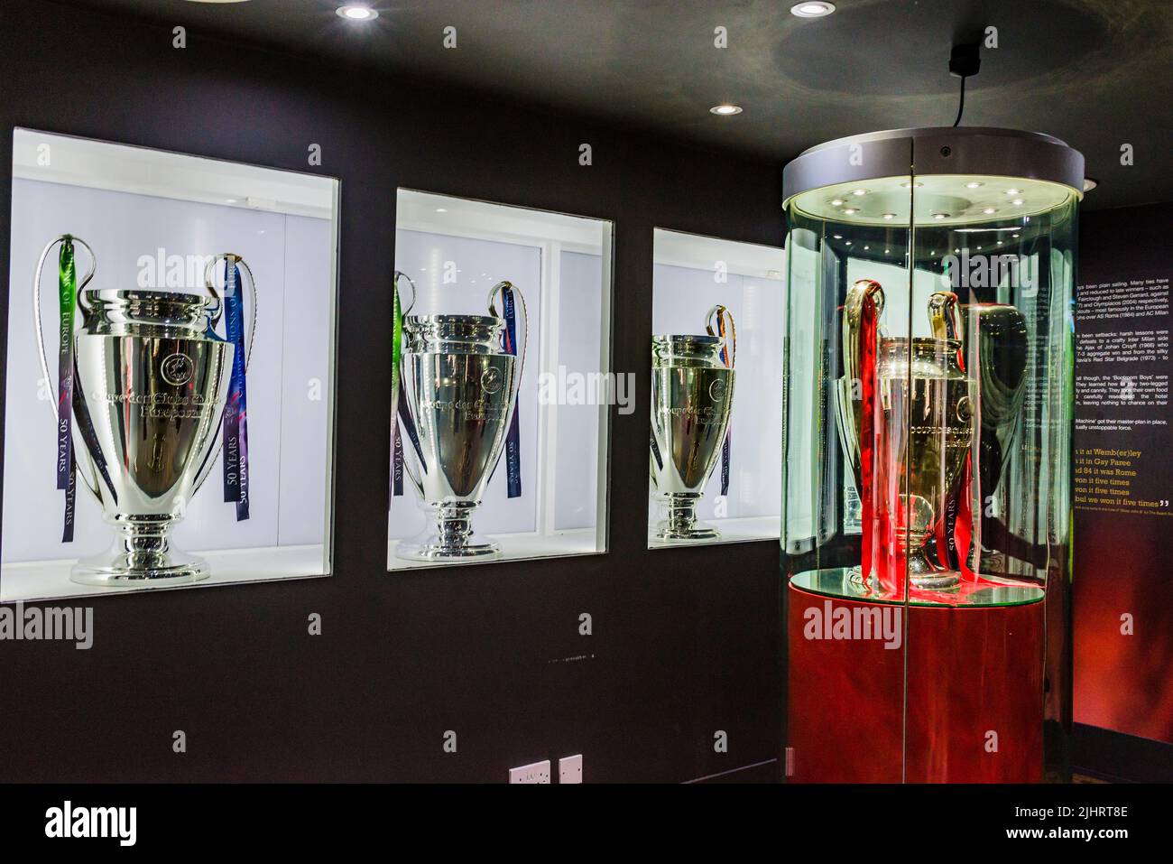 The Liverpool FC Stadium Tour, Trophy hall. Anfield is a football stadium in Anfield, Liverpool, Merseyside, England, which has a seating capacity of Stock Photo
