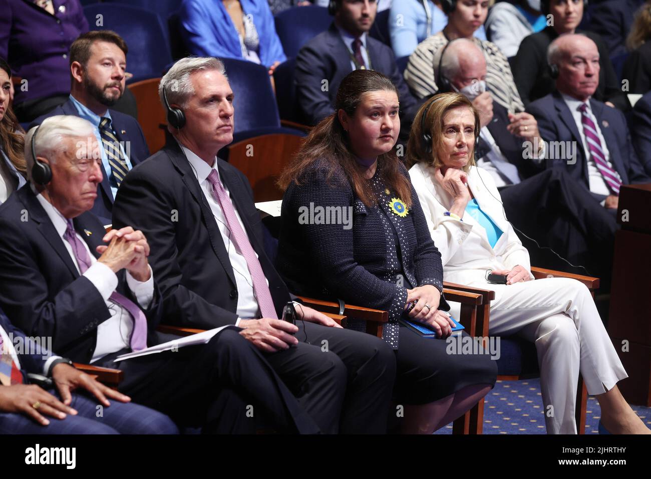 Washington, United States. 20th July, 2022. (L-R) House Majority Leader and Democratic Representative Steny Hoyer of Maryland, House Minority Leader and Republican Representative Kevin McCarthy of California, Ukranian Ambassador to the US Oksana Markarova and Speaker of the House and Democratic Representative Nancy Pelosi of California listen as First Lady of Ukraine Olena Zelenska gives an address to members of the United States Congress, on Capitol Hill in Washington, DC, on July 20, 2022. Pool Photo by Michael Reynolds/UPI Credit: UPI/Alamy Live News Stock Photo