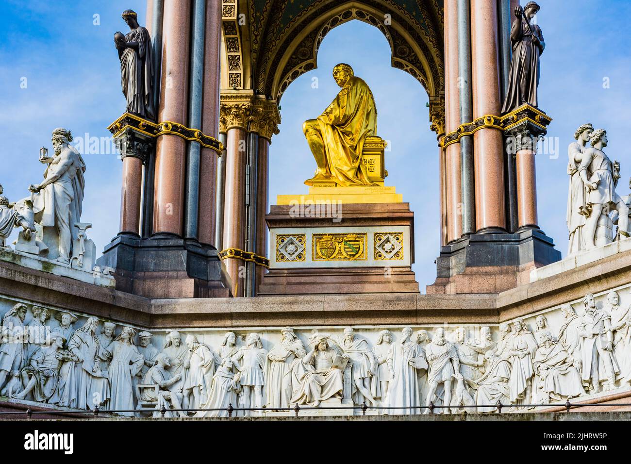 Detail with the golden statue of Prince Albert. Ornate canopy. The