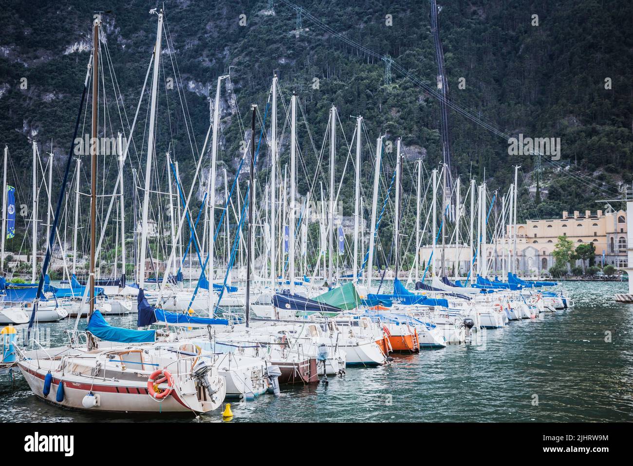 Yachts in the harbour. Riva del Garda, province of Trento,Trentino, Trentino-Alto Adige,Südtirol, Italy, Europe Stock Photo