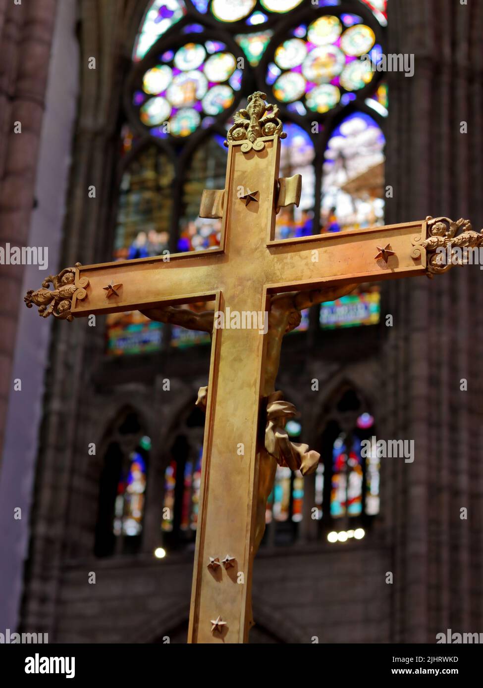 Saint-Denis, France - June 15, 2019: Catholic cross at the Basilica of Saint-Denis Stock Photo