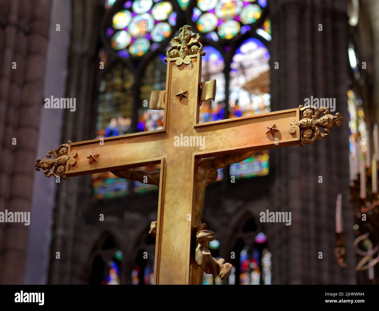 Saint-Denis, France - June 15, 2019: Catholic cross at the Basilica of Saint-Denis Stock Photo