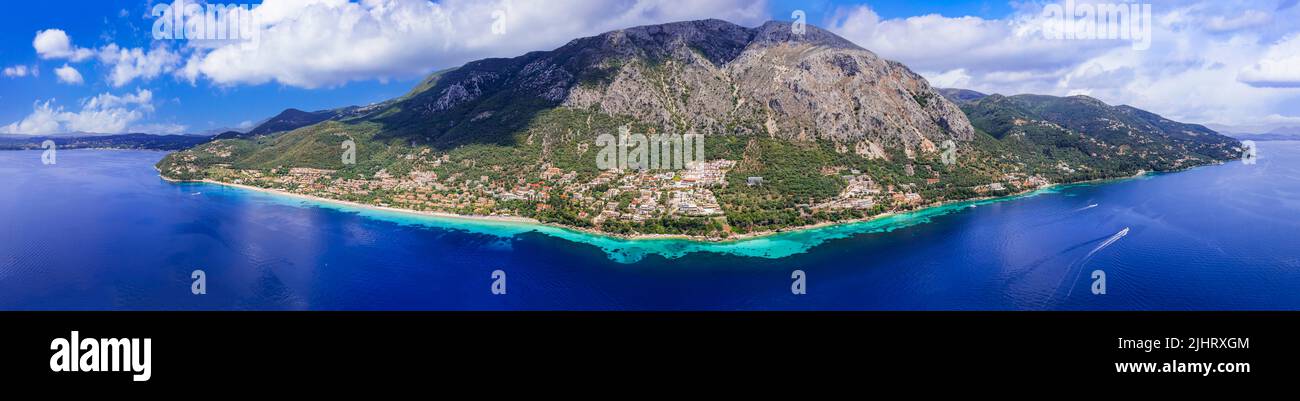 Greece summer holidays. Best scenic beaches of Corfu island - aerial panoramic drone view of Barbati beach in eastern part Stock Photo