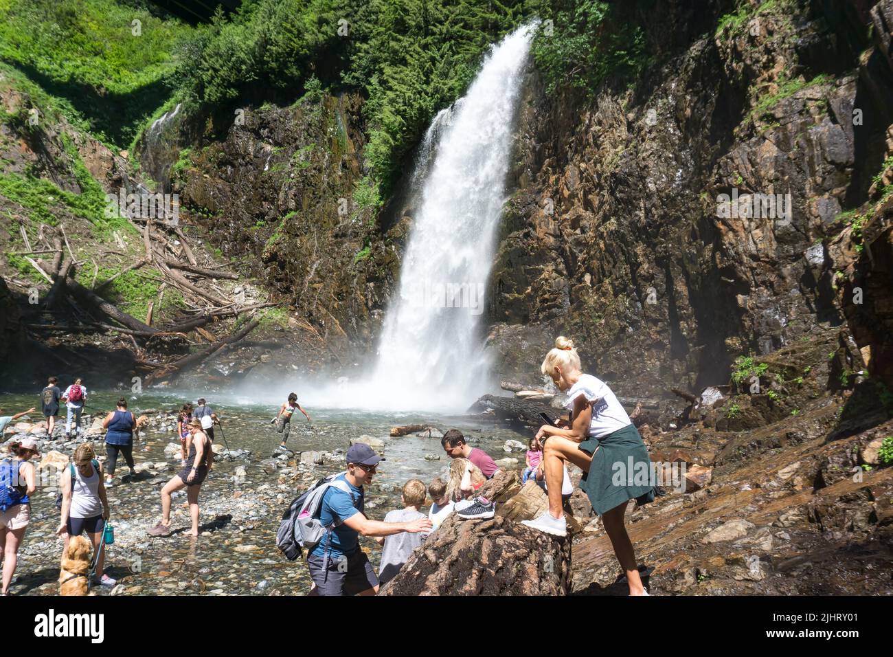 Sightseers enjoy Frankline Falls in Washington State. Stock Photo