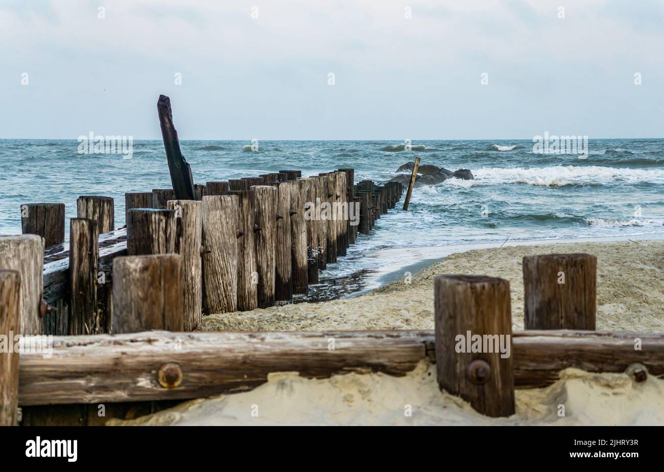 Old pilings at Folly Beach in Florida State. Stock Photo