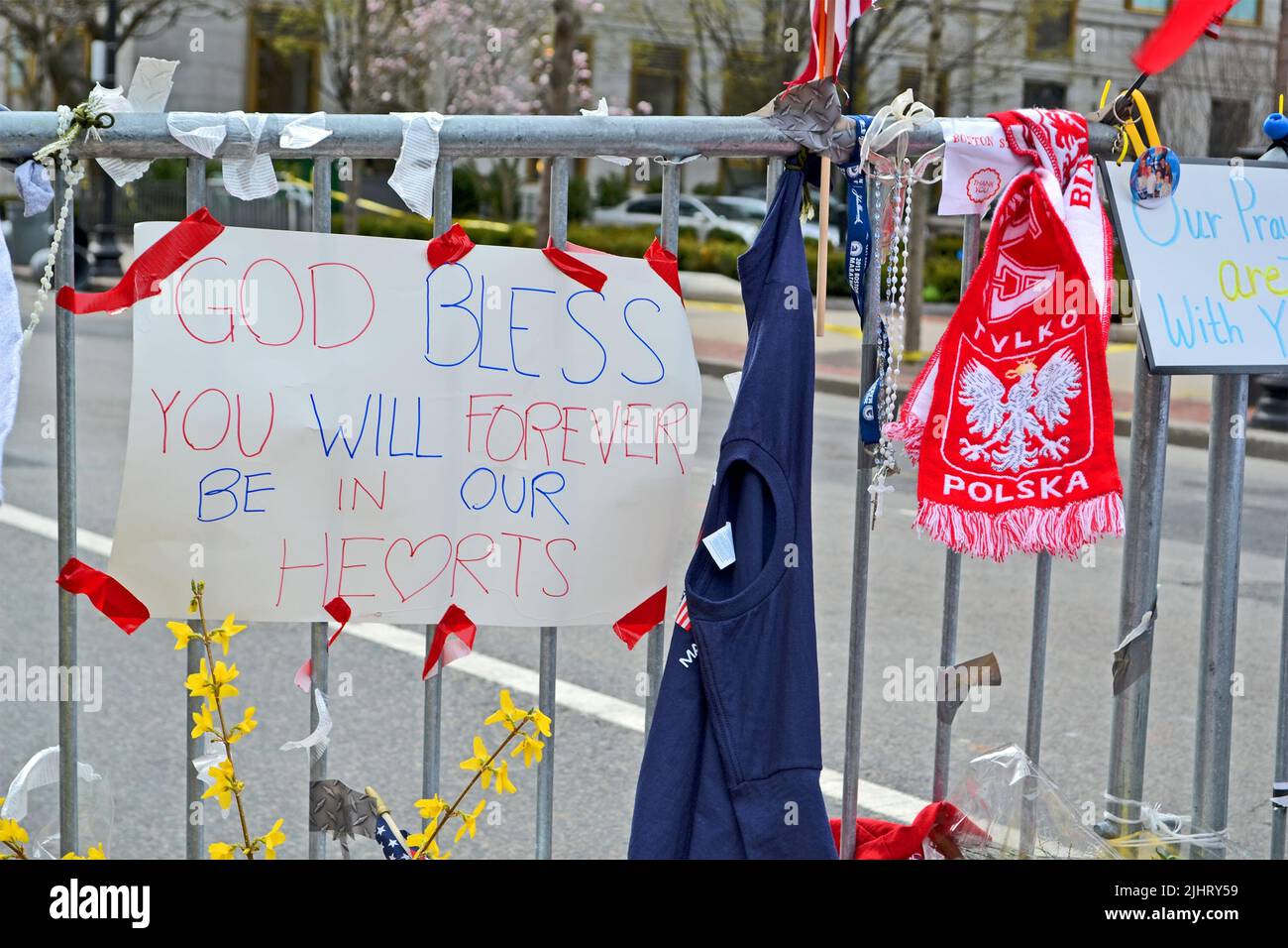 Memorial set up on Boylston Street in Boston, USA. More 23300 runners take part in Marathon. Stock Photo