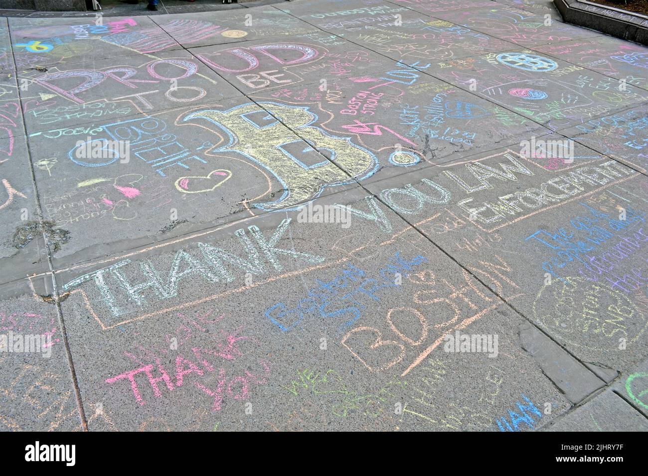 Graffiti near Boylston Street in Boston, USA. More 23300 runners take part in Marathon. Stock Photo