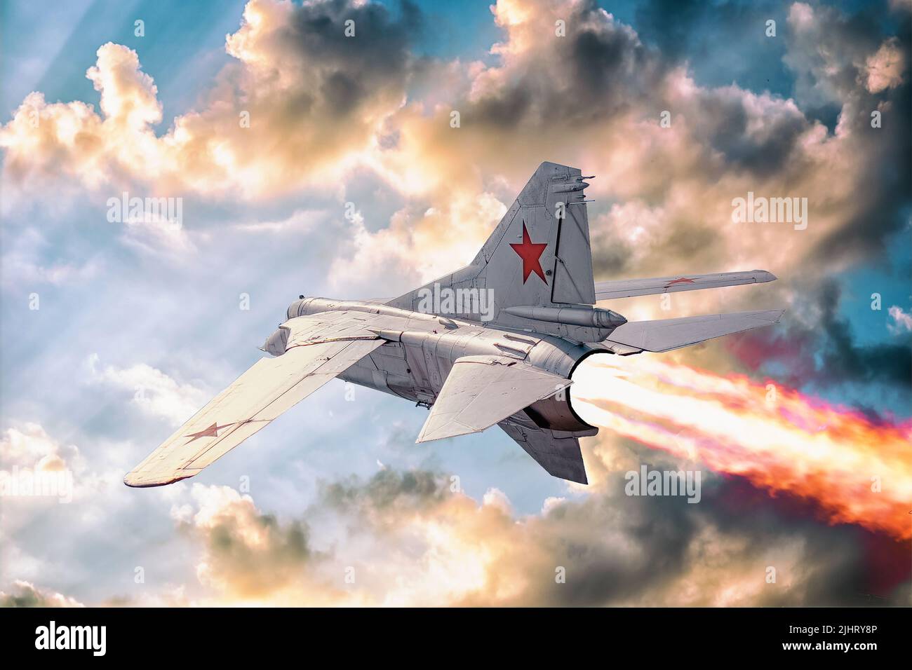 Mikoyan-Gurevich MiG-23 MLD Flogger-K plane in a cloudy sky, collage. MIG 23 was produced in USSR in 1967–1985. Stock Photo