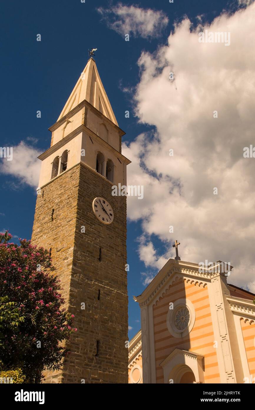 The historic 16th century St Maurus's Parish Church with its detached bell tower in Izola, Slovenia Stock Photo