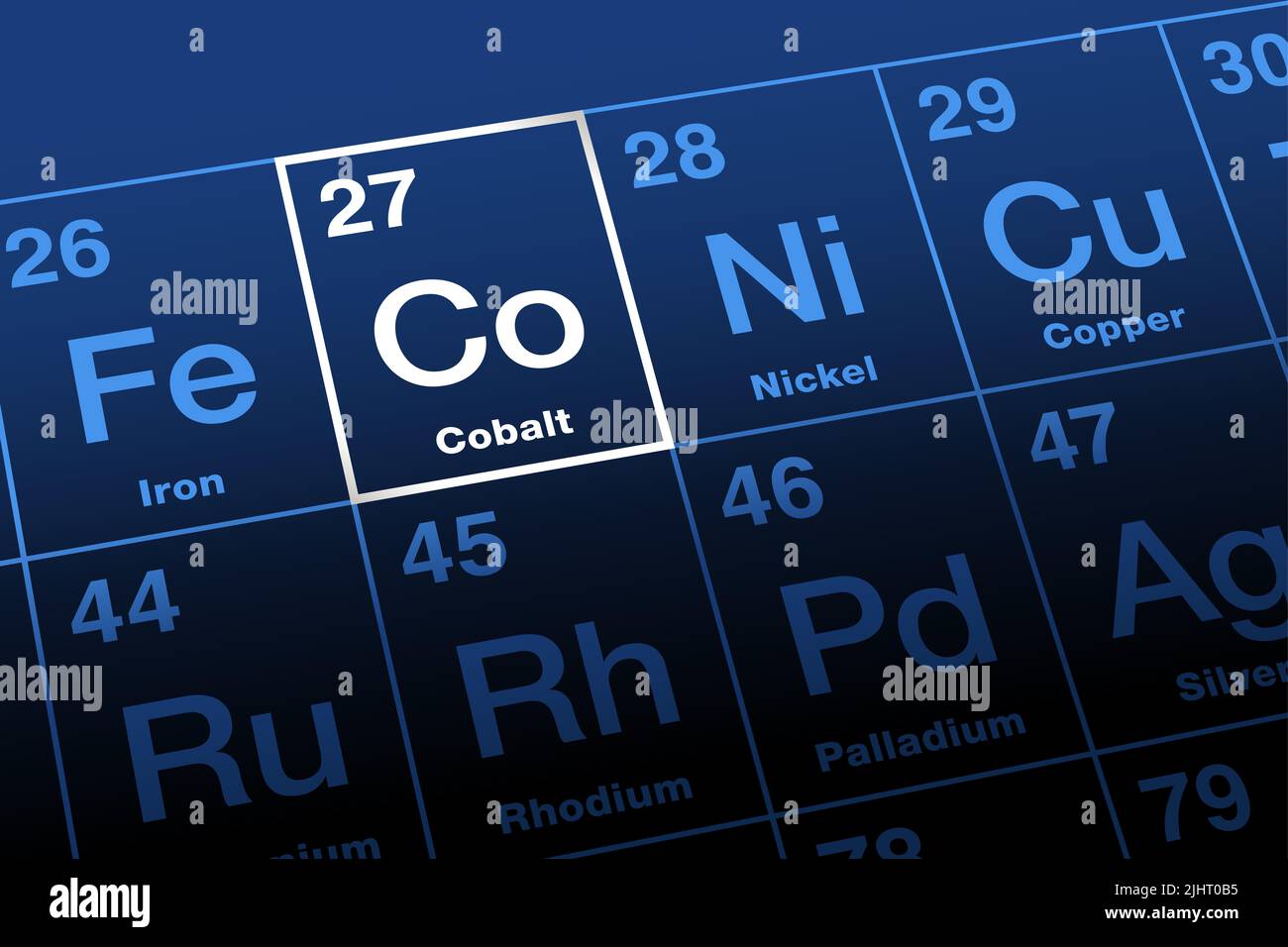 Cobalt on periodic table of the elements. Ferromagnetic transition metal, with the element symbol Co, and with the atomic number 27. Stock Photo