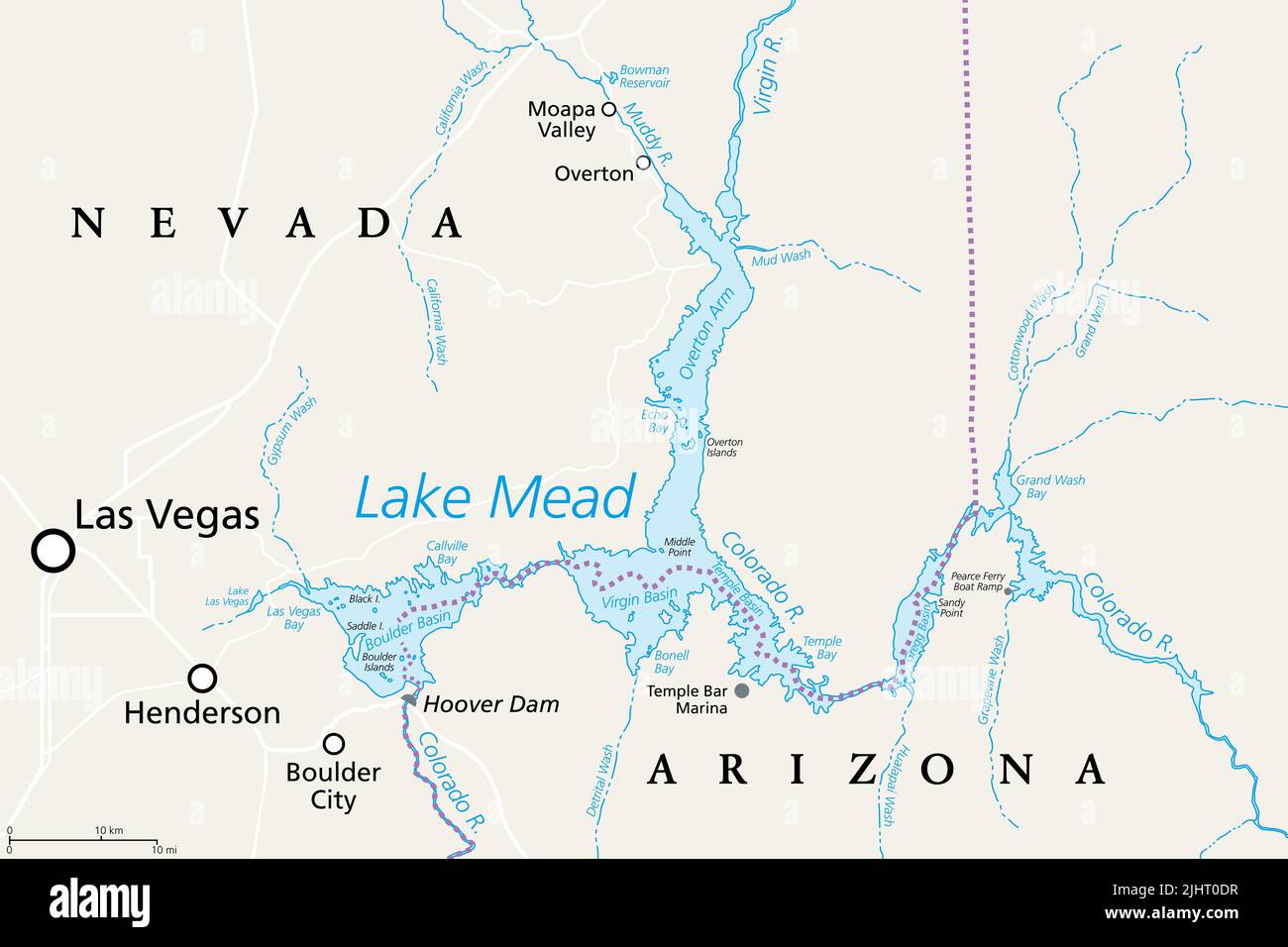 Lake Mead, largest reservoir in the US, political map. Formed by the Hoover Dam on the Colorado River in the Southwestern United States. Stock Photo