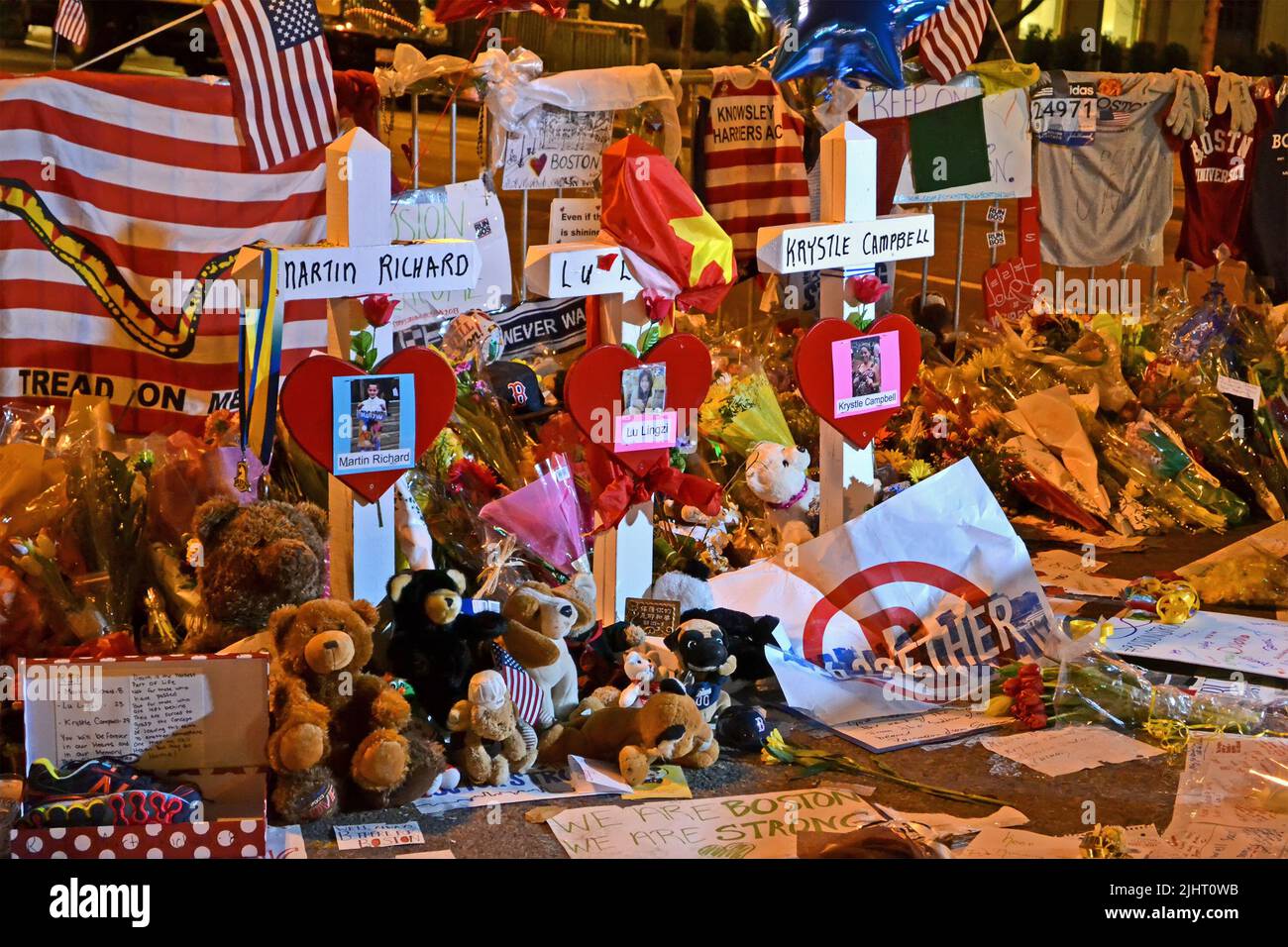 Memorial from flowers on Boylston Street in Boston, USA. More 23300 runners take part in Marathon. Stock Photo