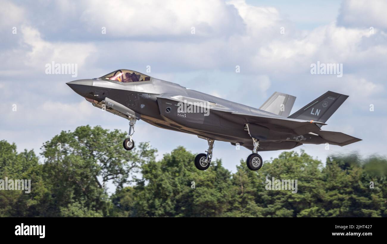 F-35A of the 495th Fighter Squadron “the Valkyries”, arriving at RAF Fairford on the 14th July to take part in the Royal International Air Tattoo 2022 Stock Photo