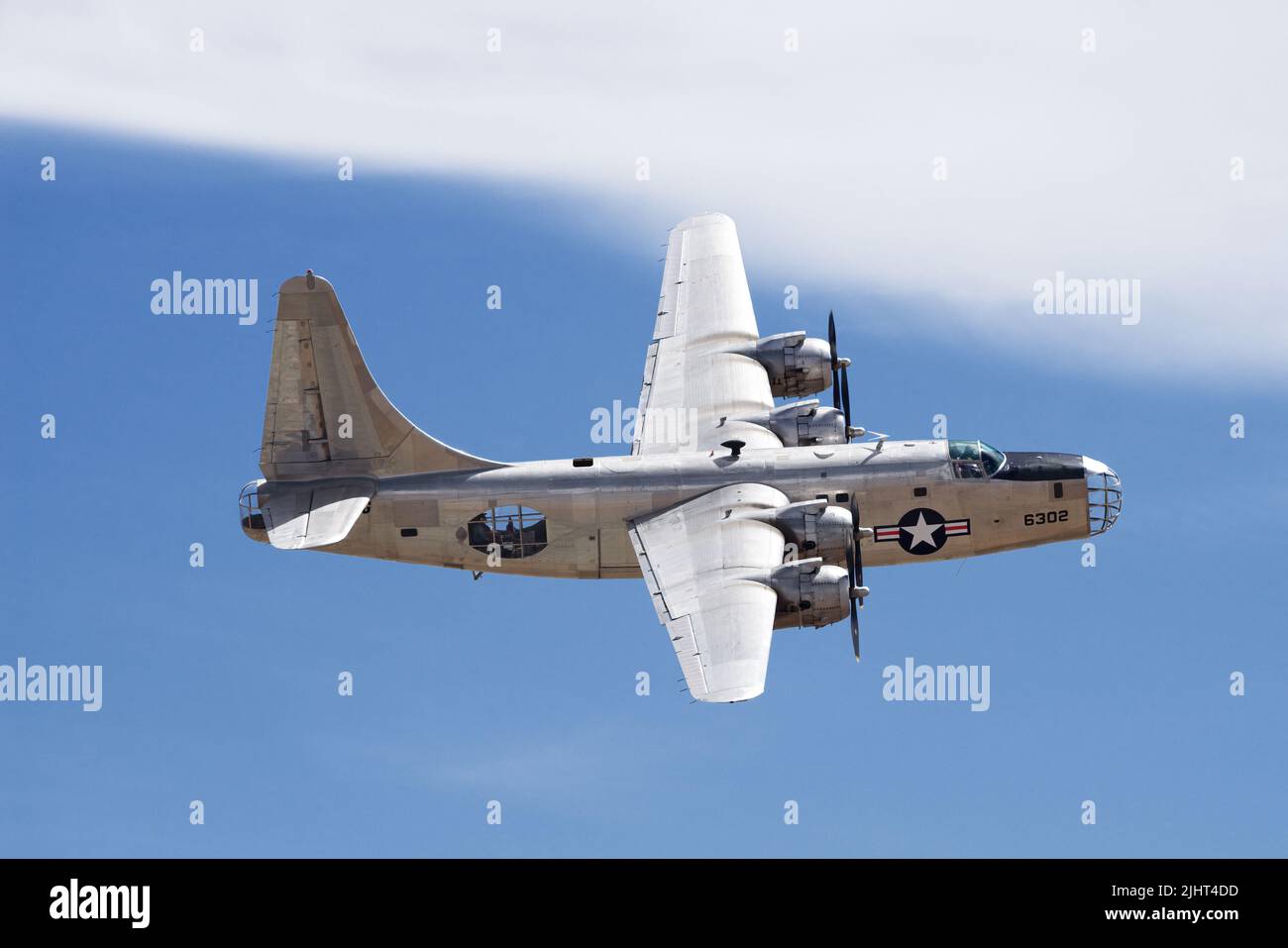 Consolidated PB4Y-2 Privateer with registration N2871G shown flying over Chino Airport in California, USA on May 6, 2018. Stock Photo