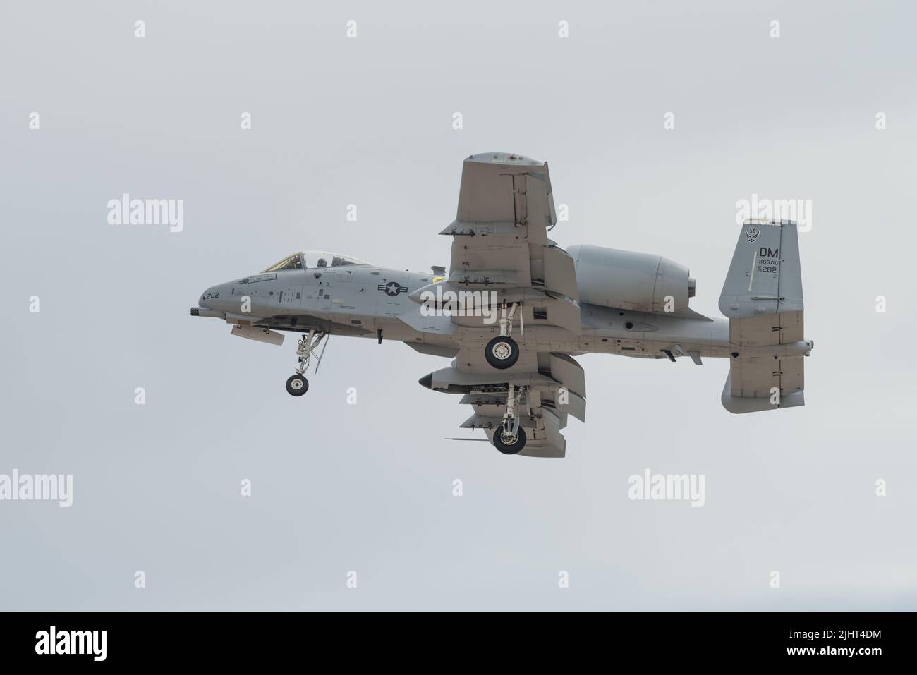 Air Force Fairchild A-10 Thunderbolt II 355th Operations Group, 355 OG, shown flying over Chino Airport, California, USA on May 6, 2018: Stock Photo