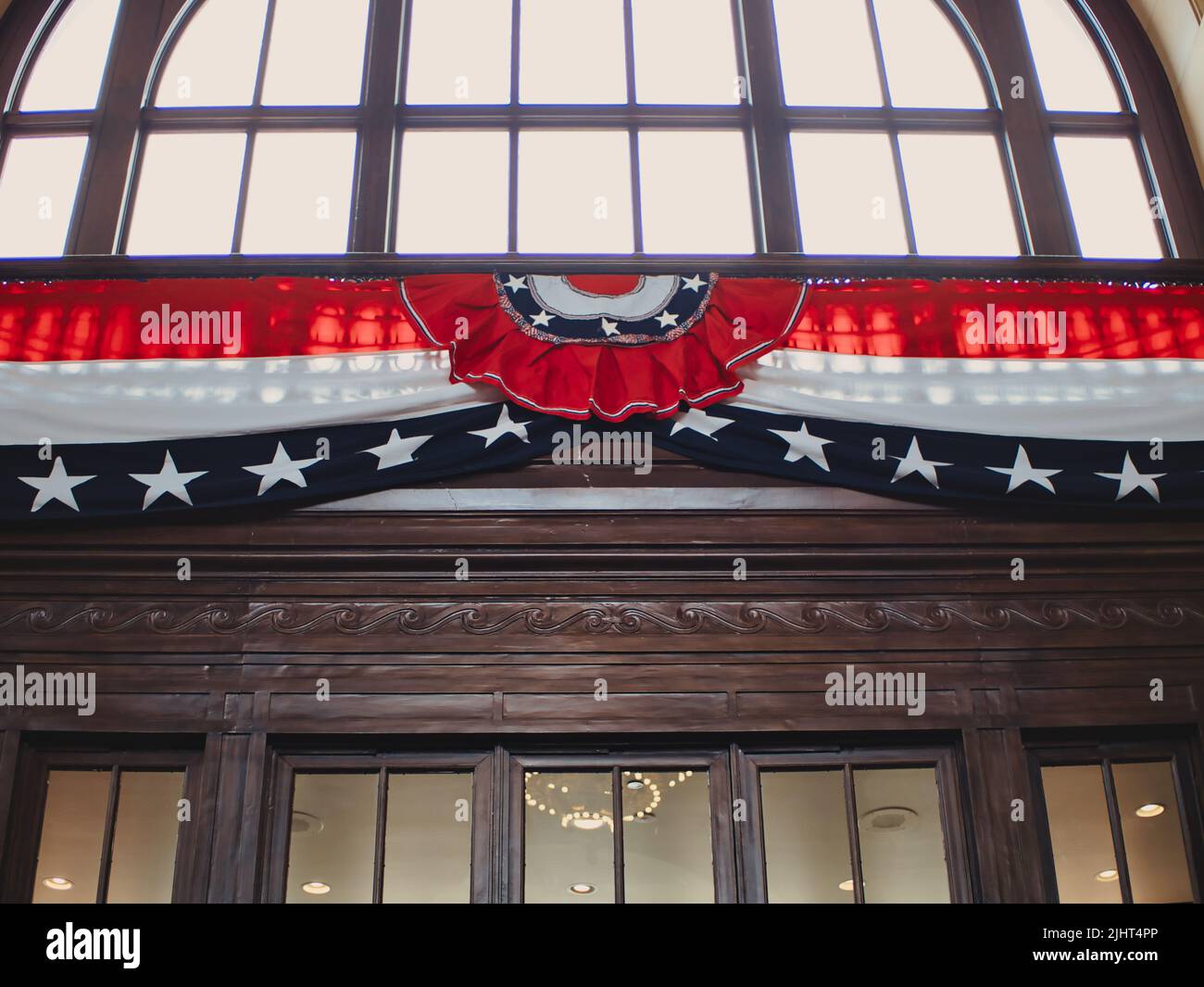 Kansas City, Missouri July 16, 2022 Patriotic flag banner hanging above Union Station Stock
