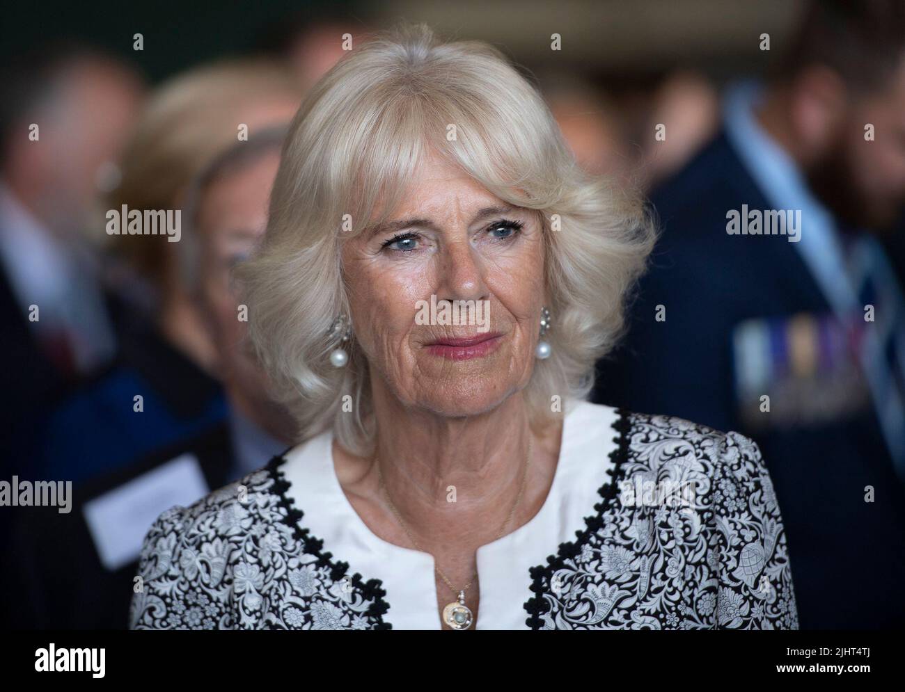 The Duchess of Cornwall stands with guests during a reception on board the Royal Navy aircraft carrier HMS Queen Elizabeth, to mark the 40th anniversary of the conflict. Picture date: Wednesday July 20, 2022. Stock Photo