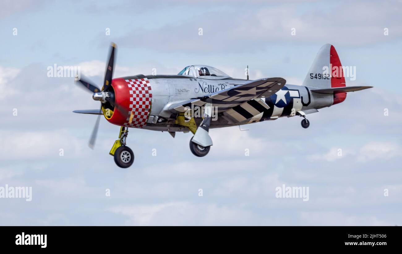Republic P-47D Thunderbolt “Nellie B” arriving at RAF Fairford on the 14th July to take part in the Royal International Air Tattoo 2022 Stock Photo