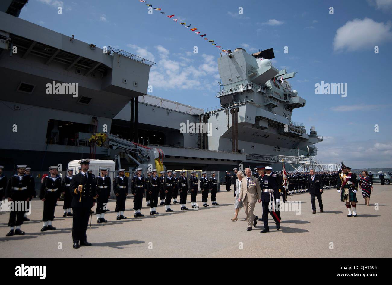 The Prince of Wales and the Duchess of Cornwall arrive for a visit to HMS Queen Elizabeth in Portsmouth where they will mark the 40th Anniversary of the Falklands war. Picture date: Wednesday July 20, 2022. Stock Photo