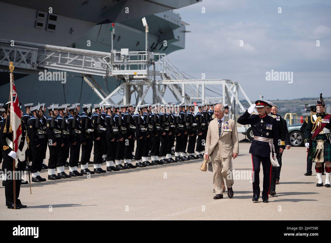The Prince of Wales and the Duchess of Cornwall arrive for a visit to HMS Queen Elizabeth in Portsmouth where they will mark the 40th Anniversary of the Falklands war. Picture date: Wednesday July 20, 2022. Stock Photo