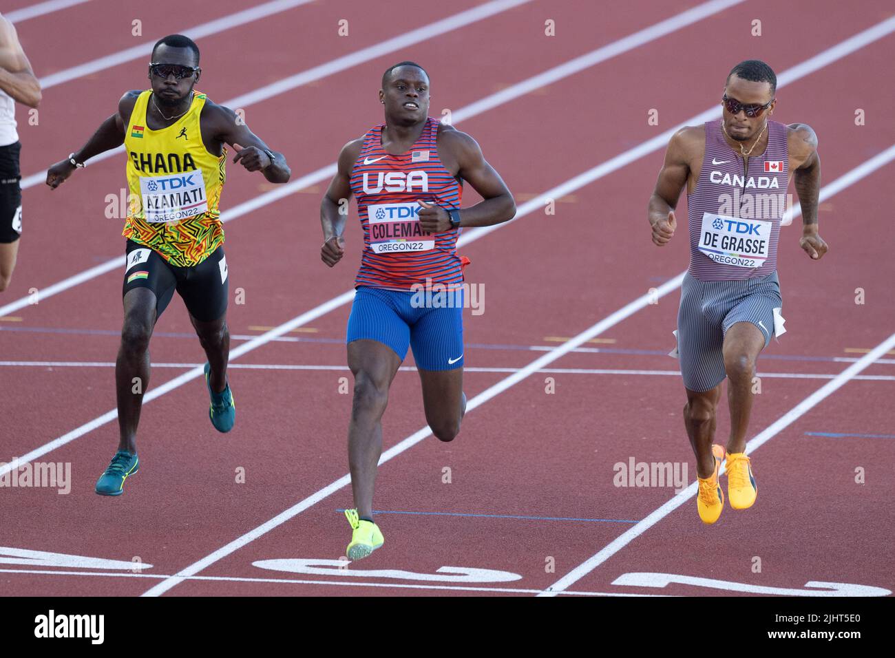 Benjamin Azamati (GHA) , Christian Coleman (USA), and Andre De Grasse (CAN) in round one of the 100 meter during the afternoon session on day 1 of the Stock Photo